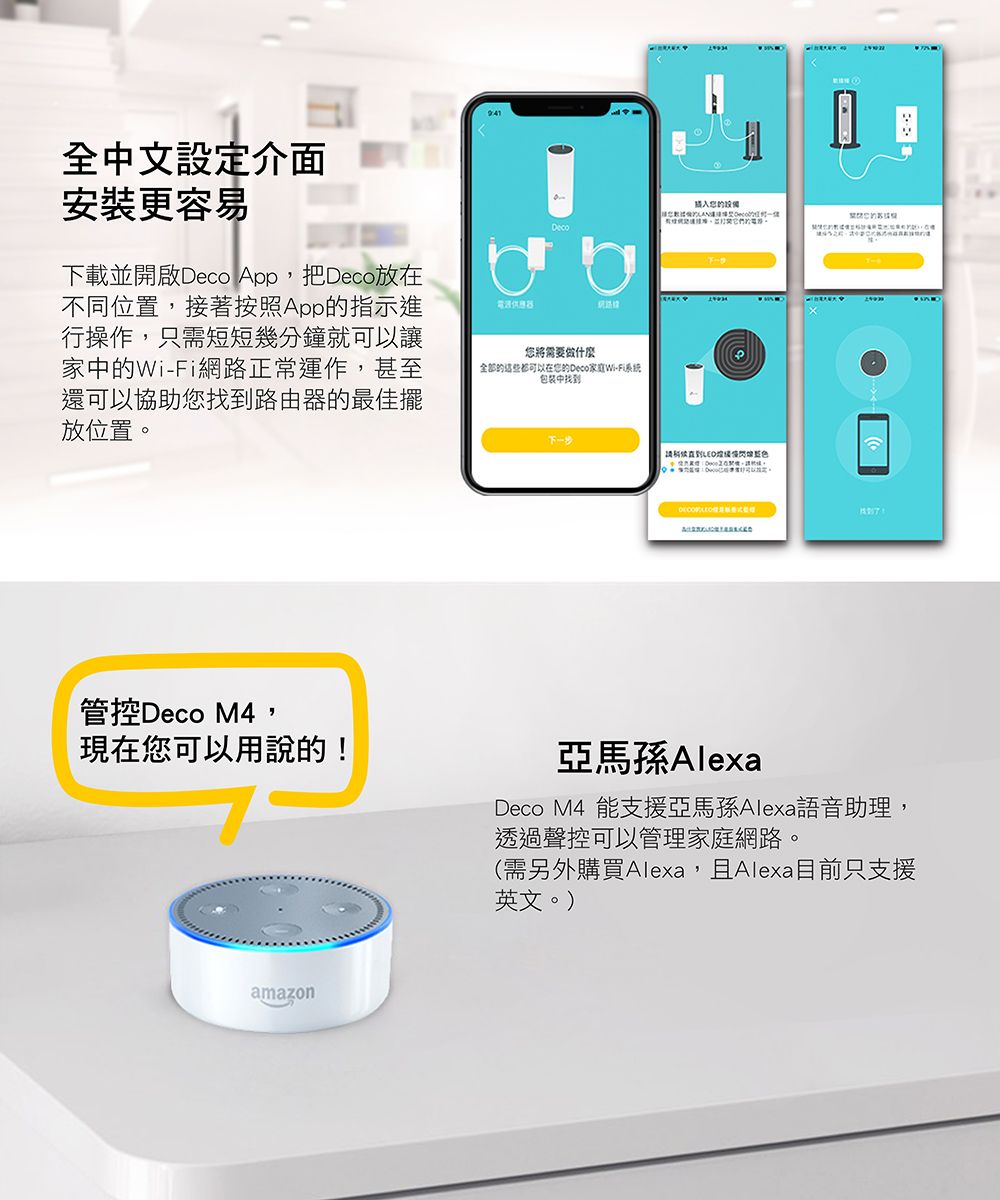 全中文設定介面安裝更容易下載並開啟 App,把Deco放在不同位置,接著按照App指示進行操作,只需短短幾分鐘就可以讓家中Wi-Fi網路正常運作,甚至還可以協助找到路由的最佳擺放位置。器您的Deco您將需要做什麼全部的都可以在您的Deco家庭Wi-Fi系统包装中找到下一步閃管控Deco M4,現在您可以用說的!亞馬孫AlexaDeco M4 能支援亞馬孫Alexa語音助理,透過聲控可以管理家庭網路。(需另外購買Alexa,且Alexa目前只支援英文。)amazon